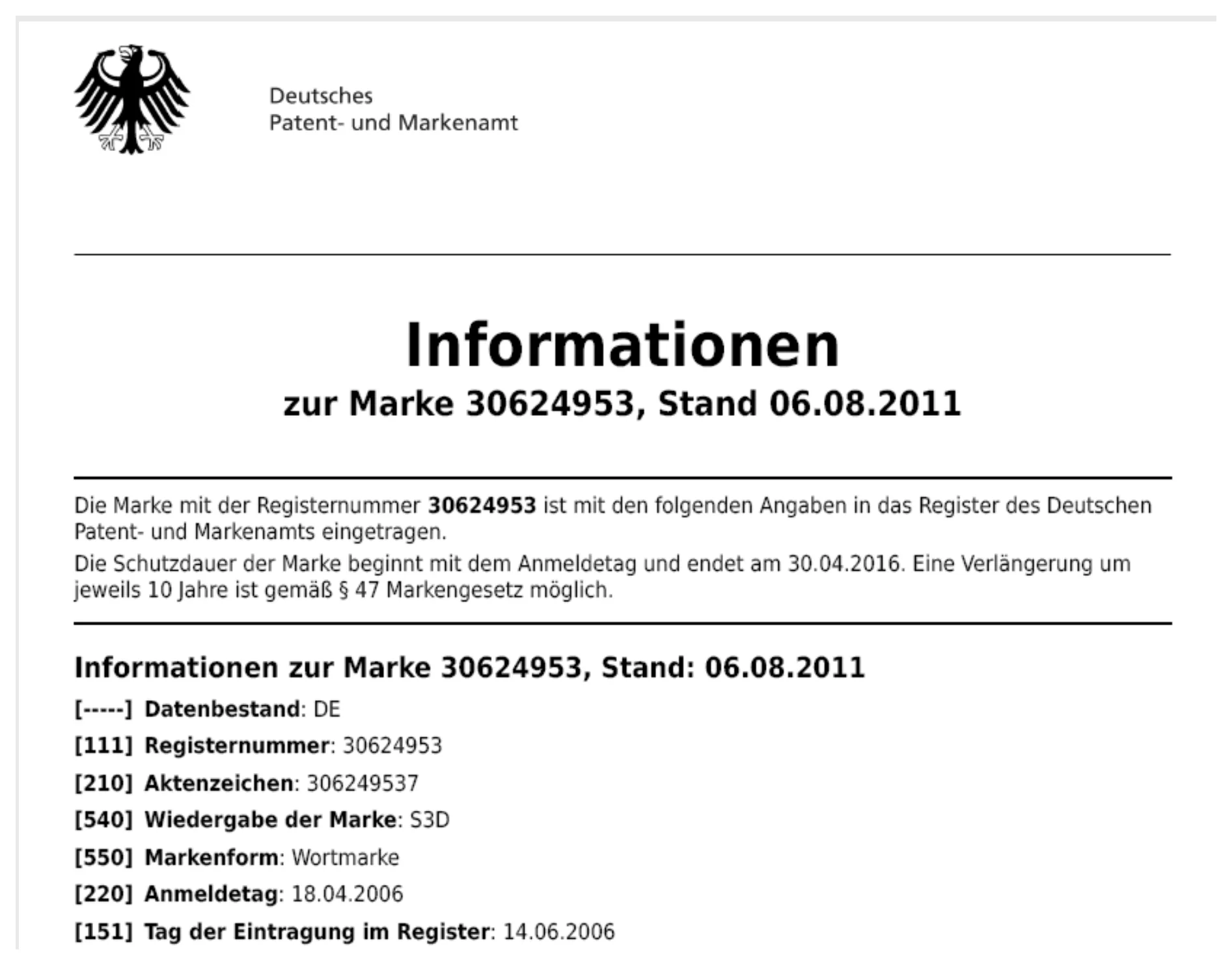Register extract of the German Patent and Trade Mark Office for the trademark S3D®, registration number 30624953